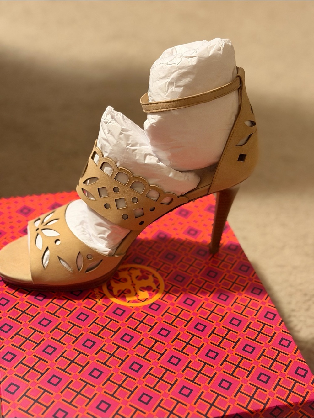 Brand new in box. Tory Burch Tan Laser-Cut High Heel Sandal with Ankle Strap